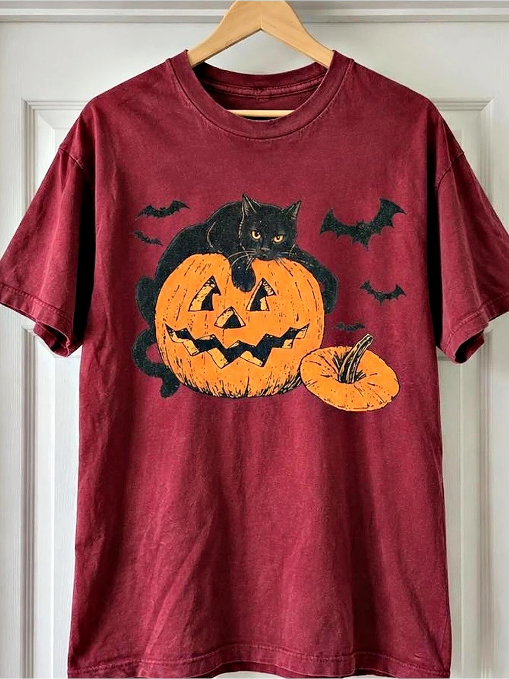 Halloween Black Cat Pumpkin Graphic T-Shirt Burgundy Unisex